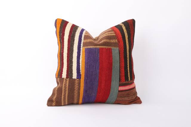 Handmade Stripe Kilim Pillow Cover Vintage Turkish Woven Sofa - 18x18 - image 1