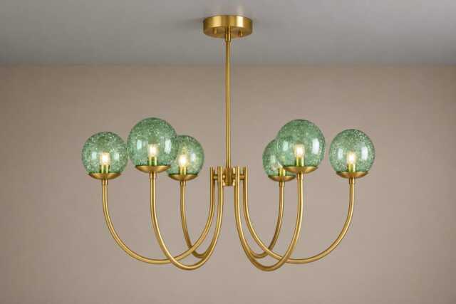 Castle Style 6-Light Brass Chandelier - Brushed Green Globe Glass Pendant Light Medieval Inspired - image 1