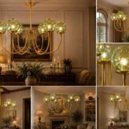Castle Style 6-Light Brass Chandelier - Brushed Green Globe Glass Pendant Light Medieval Inspired - thumbnail 3