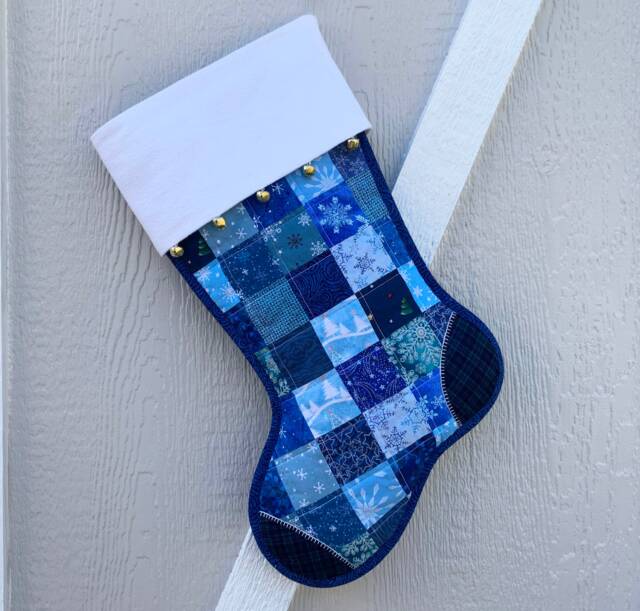 Quilted Christmas Stocking, Blue Scrappy Patchwork, White Flannel Cuff With Jingle Bells, Large, Fully Lined, Free Personalization - image 1