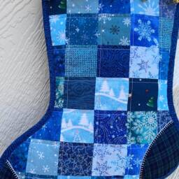 Quilted Christmas Stocking, Blue Scrappy Patchwork, White Flannel Cuff With Jingle Bells, Large, Fully Lined, Free Personalization - thumbnail 2