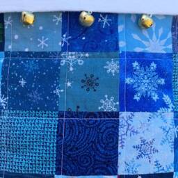Quilted Christmas Stocking, Blue Scrappy Patchwork, White Flannel Cuff With Jingle Bells, Large, Fully Lined, Free Personalization - thumbnail 3