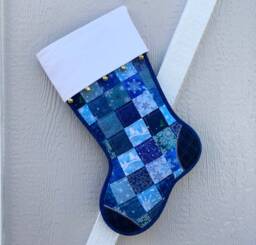 Quilted Christmas Stocking, Blue Scrappy Patchwork, White Flannel Cuff With Jingle Bells, Large, Fully Lined, Free Personalization - thumbnail 1