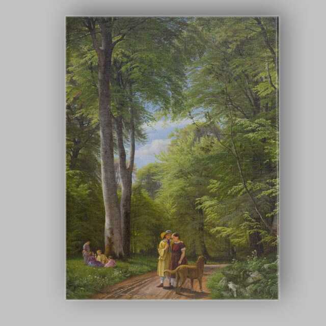 Sunlit Green Forest Path Figures & Dog Romantic Landscape Canvas Wall Art Print Decor Picture Ready To Hang - image 1