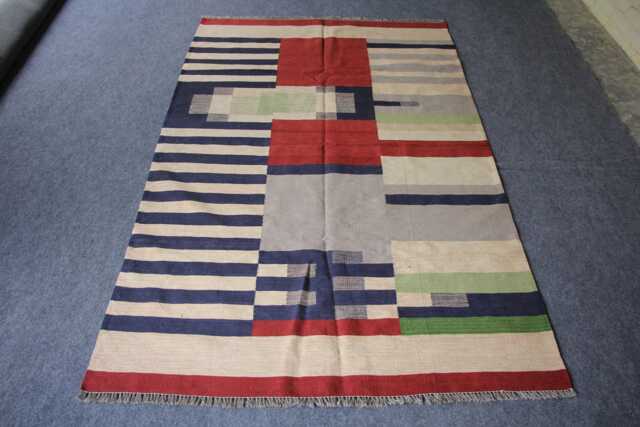 Handmade Wool Kilim Rug 5x8 Geometric Stripes, Flat Weave Contemporary Home Decor - image 1