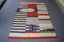 Handmade Wool Kilim Rug 5x8 Geometric Stripes, Flat Weave Contemporary Home Decor - thumbnail 1