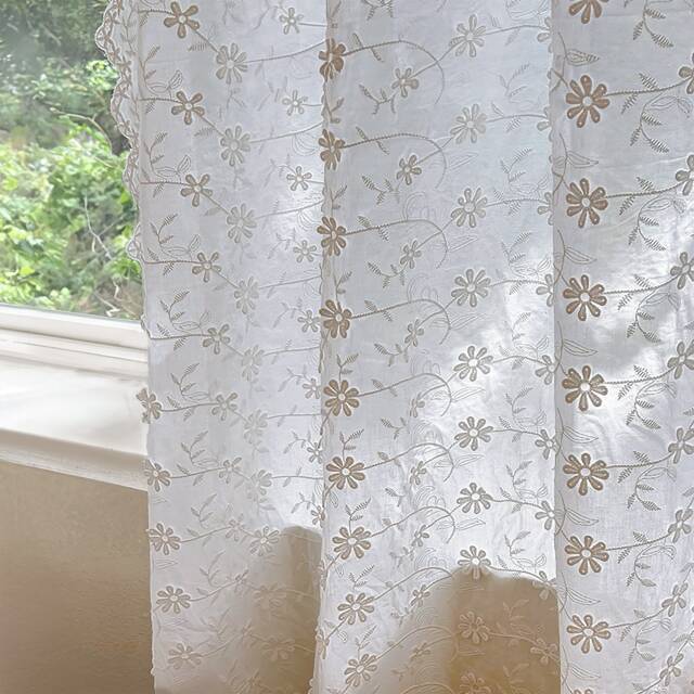 White Embroidered Curtain, Farmhouse Style Cotton 3D Floral Semi-Sheer Bedroom Drapery - image 1