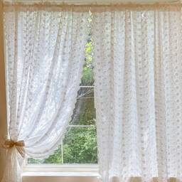 White Embroidered Curtain, Farmhouse Style Cotton 3D Floral Semi-Sheer Bedroom Drapery - thumbnail 2