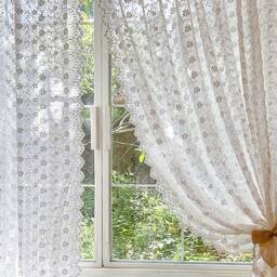 White Embroidered Curtain, Farmhouse Style Cotton 3D Floral Semi-Sheer Bedroom Drapery - thumbnail 3