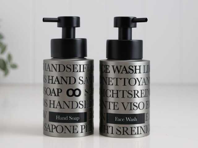 Set Of 2 Stainless Steel 250Ml Soap Dispensers With Text Wrap - Hand & Face Wash Pump Bottles Modern Bathroom - image 1