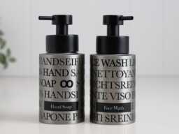 Set Of 2 Stainless Steel 250Ml Soap Dispensers With Text Wrap - Hand & Face Wash Pump Bottles Modern Bathroom