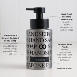 Set Of 2 Stainless Steel 250Ml Soap Dispensers With Text Wrap - Hand & Face Wash Pump Bottles Modern Bathroom - thumbnail 3