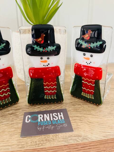 Fused Glass Snowman Candle Holder Decoration - Christmas Decoration, Cornish Glass, Fused Glass Cornwall - image 1