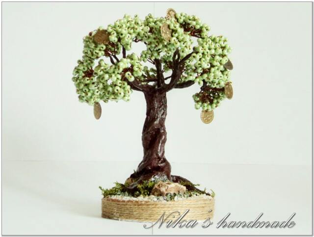 Beaded Artificial Green Feng Shui Tree With Coins, Office Decor Money Tree, Beaded Zen Bonsai, Indoor Plant - Room - image 1