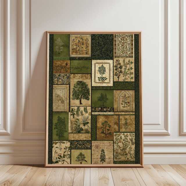 Botanical Patchwork Poster - Green Vintage Plant Illustration Nature Inspired Wall Art - image 1