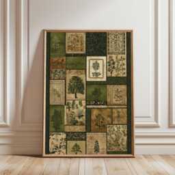 Botanical Patchwork Poster - Green Vintage Plant Illustration Nature Inspired Wall Art - thumbnail 1