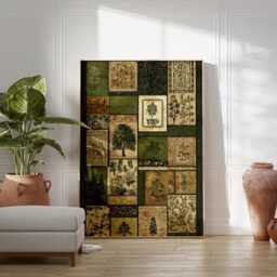 Botanical Patchwork Poster - Green Vintage Plant Illustration Nature Inspired Wall Art - thumbnail 3