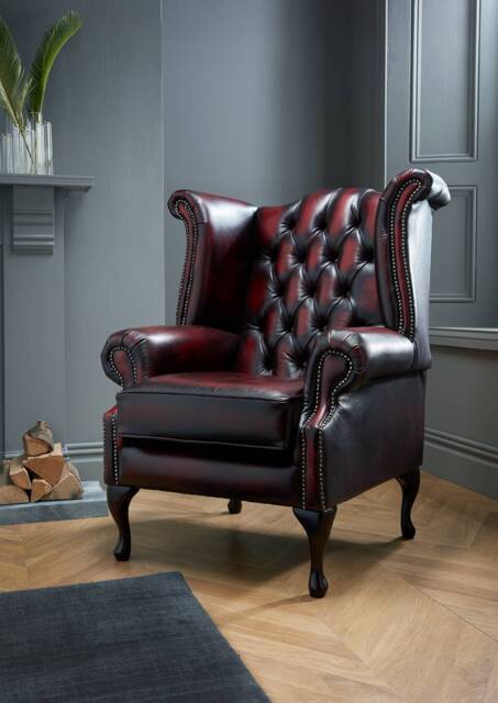 Chesterfield Queen Anne High Back Wing Chair in Antique Red Oxblood Leather - image 1