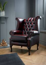 Chesterfield Queen Anne High Back Wing Chair in Antique Red Oxblood Leather