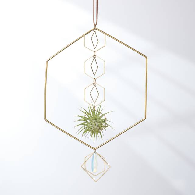 Opalite Hanging Air Plant Holder Hexagon, Small Planter Hanging, Geometric Hanger With Gemstone, Mom Gift Ideas - image 1