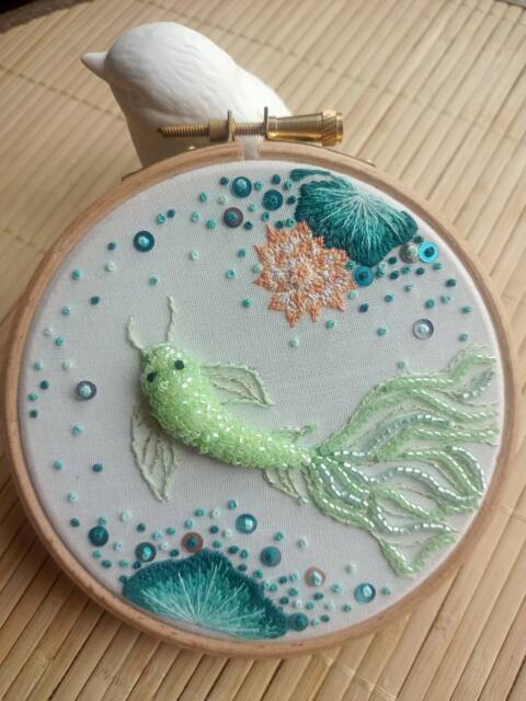 Spring Beaded Koi Carp Drum Embroidery Hoop, Housewarming Gift, Wall Art, Spring Decor, Embroidery Frame, Fishing Wall Decor, Welcome Home Gift - image 1