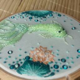 Spring Beaded Koi Carp Drum Embroidery Hoop, Housewarming Gift, Wall Art, Spring Decor, Embroidery Frame, Fishing Wall Decor, Welcome Home Gift - thumbnail 4