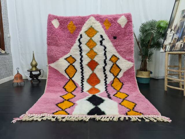 Amazing Beniourain Rug, Moroccan Rug, Sheep Wool Geometric Pink Orange & White Overdyed Winter Handwoven Carpet - image 1