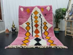 Amazing Beniourain Rug, Moroccan Rug, Sheep Wool Geometric Pink Orange & White Overdyed Winter Handwoven Carpet - thumbnail 1