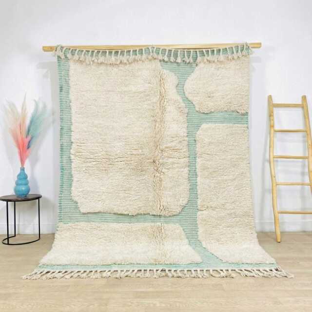 Ivory Moroccan Rug With Mint Green Striped Design - Large 9x12 Berber Shag Unique Textured Handmade Wool Carpet - image 1