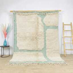 Ivory Moroccan Rug With Mint Green Striped Design - Large 9x12 Berber Shag Unique Textured Handmade Wool Carpet - thumbnail 1