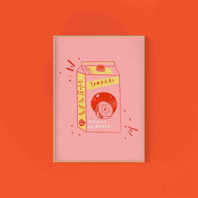 Tropical Juice Print Pink Orange Mango Carton Illustration, A3 - image 1