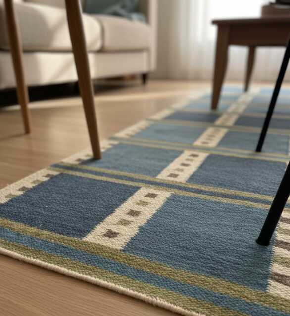 Handmade Scandinavian Kilim Runner Rug - Geometric Wool Flatweave, Blue & Green Decor - image 1