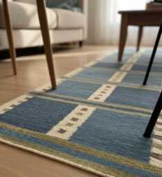 Handmade Scandinavian Kilim Runner Rug - Geometric Wool Flatweave, Blue & Green Decor - thumbnail 1