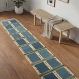 Handmade Scandinavian Kilim Runner Rug - Geometric Wool Flatweave, Blue & Green Decor - thumbnail 2