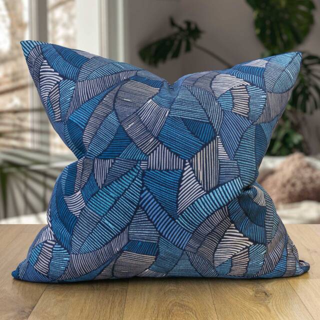Botanic Abstract Leaf Extra-Large Cushion in Blue. Denim, Navy & Teal Blue Eco-Friendly Cotton & Velvet Design. 23X23 - image 1