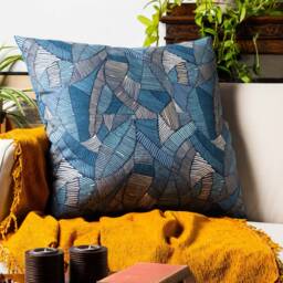 Botanic Abstract Leaf Extra-Large Cushion in Blue. Denim, Navy & Teal Blue Eco-Friendly Cotton & Velvet Design. 23X23 - thumbnail 3