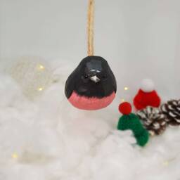 Pink Robin Hanging Christmas Decor Wooden Hand Carved Painted Bird Ornaments - thumbnail 2