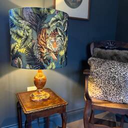 Bengal Tiger Velvet Drum Lampshade, Double Sided Lampshade With A Contrast Sage Cotton Interior, Ceiling Light Shade - thumbnail 2