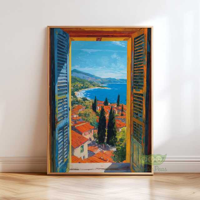 Mediterranean Window View Wall Art, Italian Coastal Landscape Poster, Sunlit Countryside Home Decor, Scenic Summer Artwork, Tuscan Print - image 1