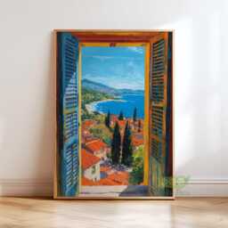 Mediterranean Window View Wall Art, Italian Coastal Landscape Poster, Sunlit Countryside Home Decor, Scenic Summer Artwork, Tuscan Print - thumbnail 1