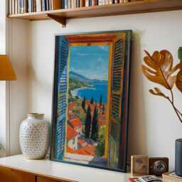 Mediterranean Window View Wall Art, Italian Coastal Landscape Poster, Sunlit Countryside Home Decor, Scenic Summer Artwork, Tuscan Print - thumbnail 2