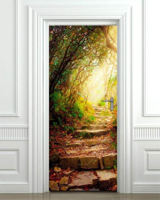 Stone Steps Inside Forest Wall Decal, Garden Glowing Light Nature Sticker, Autumn Door Decor, Mural Home Decor - image 1