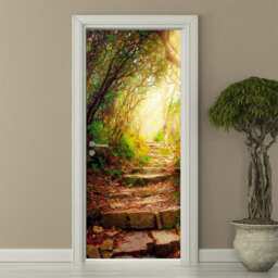 Stone Steps Inside Forest Wall Decal, Garden Glowing Light Nature Sticker, Autumn Door Decor, Mural Home Decor - thumbnail 2
