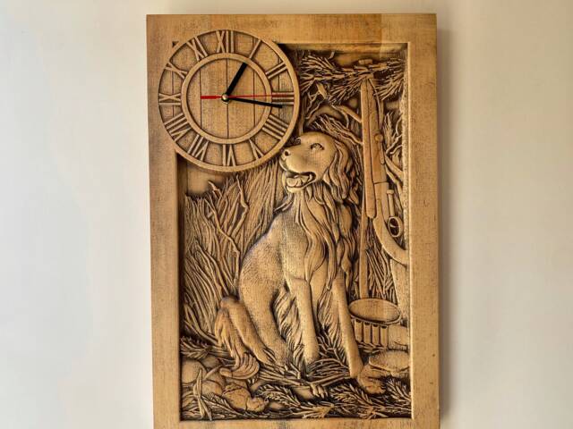 Carved Wooden Wall Clock Rustic Dog & Hunting Scene - image 1