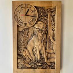Carved Wooden Wall Clock Rustic Dog & Hunting Scene - thumbnail 2