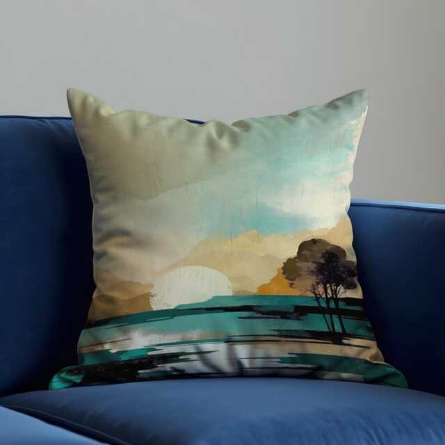 Minimalist Lake Sunset Throw Pillow Cover, Tranquil Mountain Horizon Cushion Case, Watercolor Nature Scene - image 1