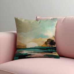 Minimalist Lake Sunset Throw Pillow Cover, Tranquil Mountain Horizon Cushion Case, Watercolor Nature Scene - thumbnail 3