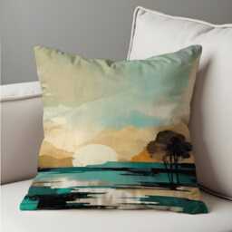 Minimalist Lake Sunset Throw Pillow Cover, Tranquil Mountain Horizon Cushion Case, Watercolor Nature Scene - thumbnail 4