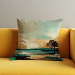 Minimalist Lake Sunset Throw Pillow Cover, Tranquil Mountain Horizon Cushion Case, Watercolor Nature Scene - thumbnail 2