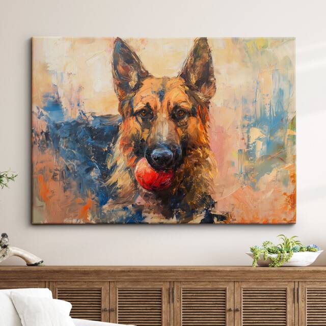 German Shepherd With Chew Ball Dog Pet Art Oil Painting Framed Poster Print & Canvas Wall Living Home Decor Interior Gift - image 1